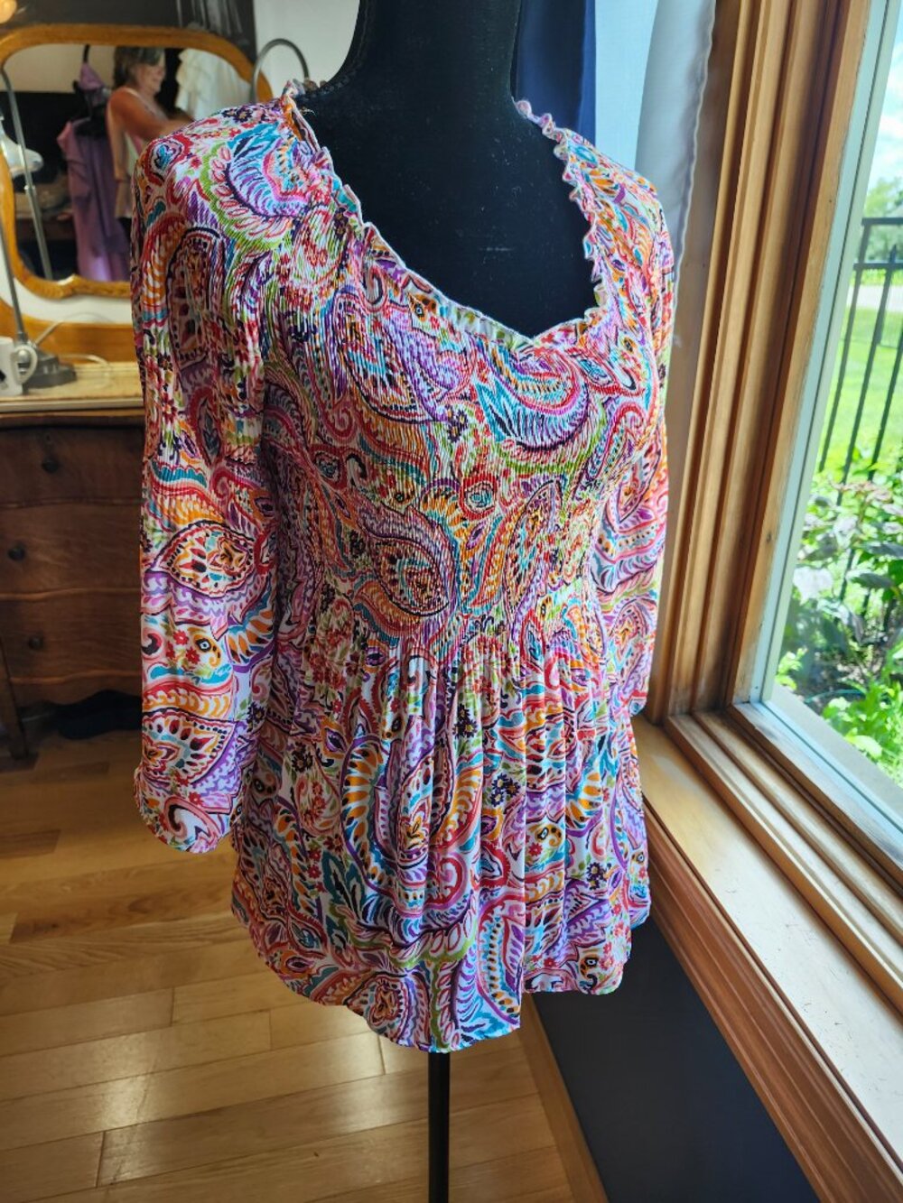 Floral & Ivy Petite Small Colorful Paisley Smocked 3/4 Bell Sleeve Blouse